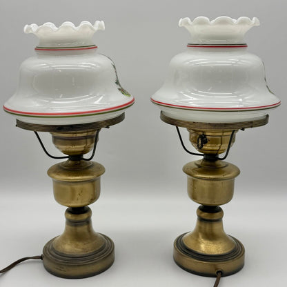 Vintage Pair Of Brass Hurricane Parlor Lamp w/White Glass Ruffled Christmas Tree Shades 14 1/2” /cb