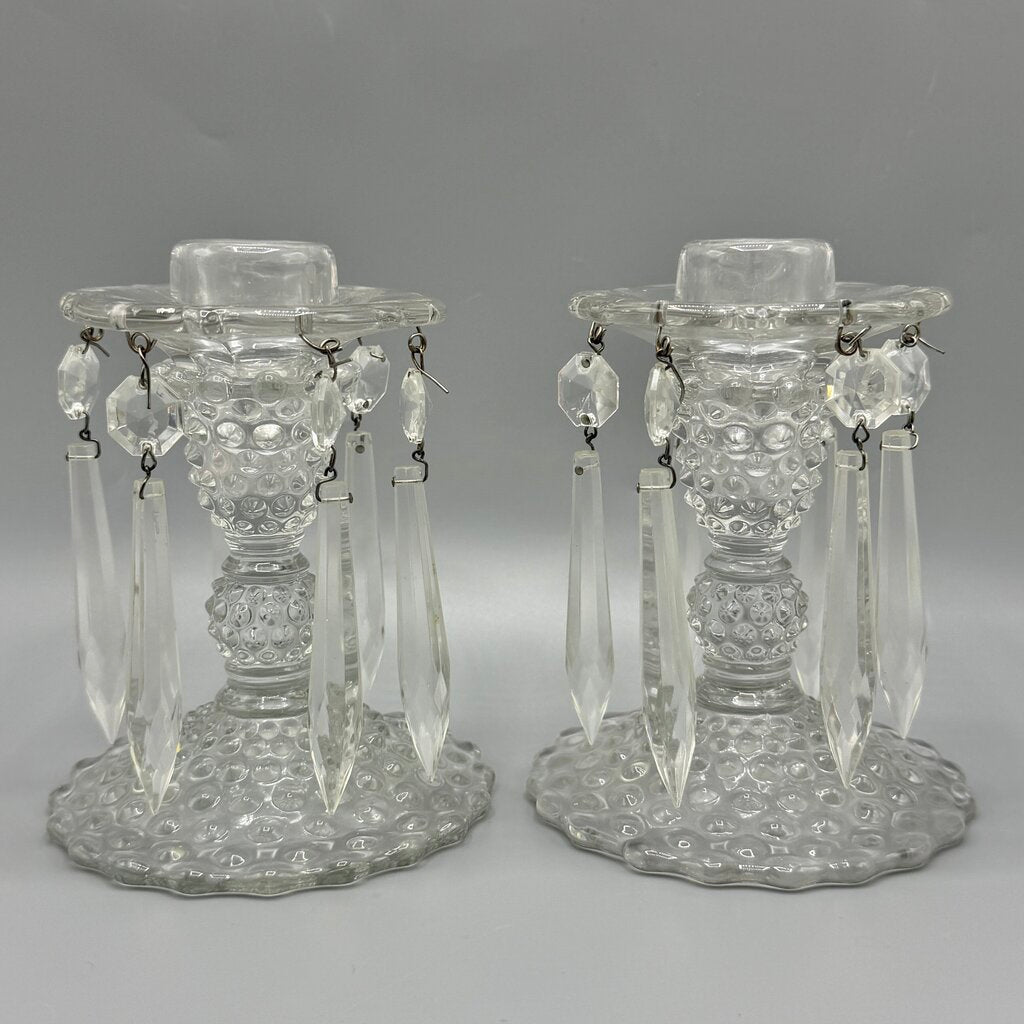 Pair of Vintage Duncan Miller Hobnail Candle Holders w/Bobeches & Prisms 5 1/2” /cb