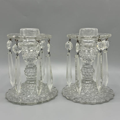 Pair of Vintage Duncan Miller Hobnail Candle Holders w/Bobeches & Prisms 5 1/2” /cb