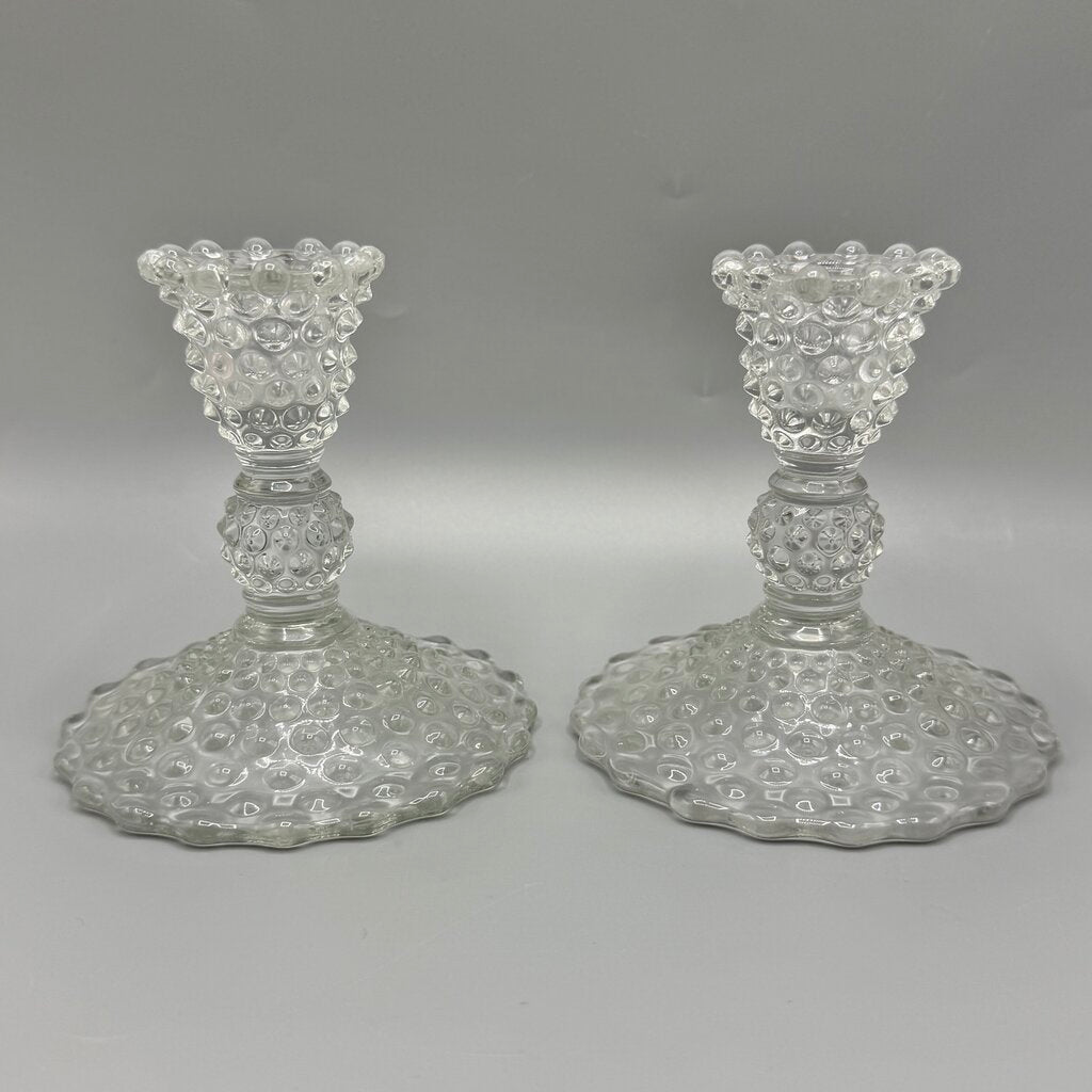 Pair of Vintage Duncan Miller Hobnail Candle Holders w/Bobeches & Prisms 5 1/2” /cb
