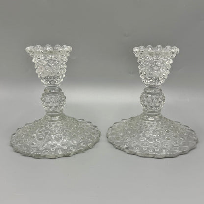 Pair of Vintage Duncan Miller Hobnail Candle Holders w/Bobeches & Prisms 5 1/2” /cb