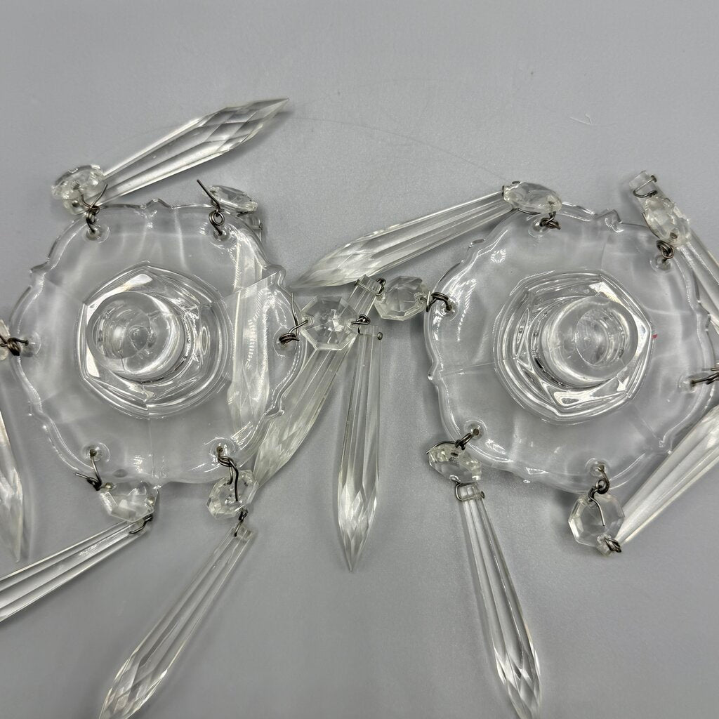 Pair of Vintage Duncan Miller Hobnail Candle Holders w/Bobeches & Prisms 5 1/2” /cb