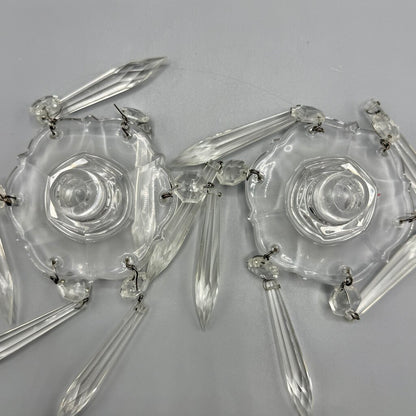 Pair of Vintage Duncan Miller Hobnail Candle Holders w/Bobeches & Prisms 5 1/2” /cb