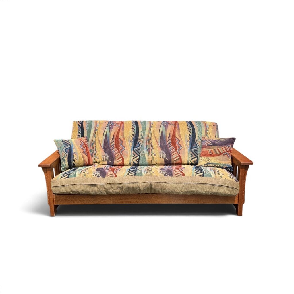 Red Oak Futon with Two Bed Cushions and Matching Pillows