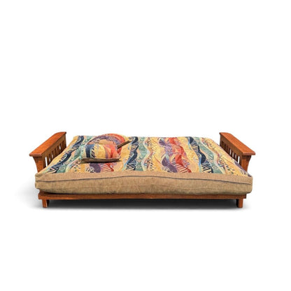 Red Oak Futon with Two Bed Cushions and Matching Pillows