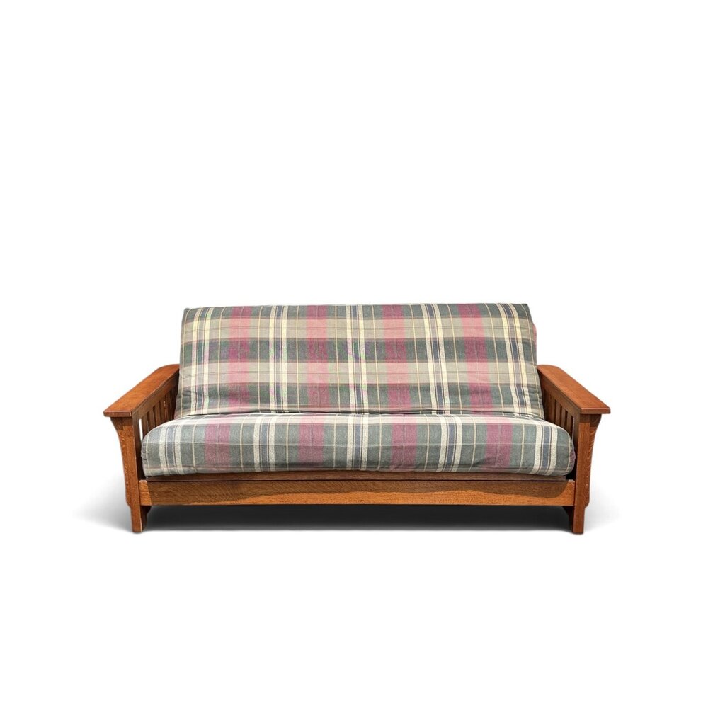 Red Oak Futon with Two Bed Cushions and Matching Pillows