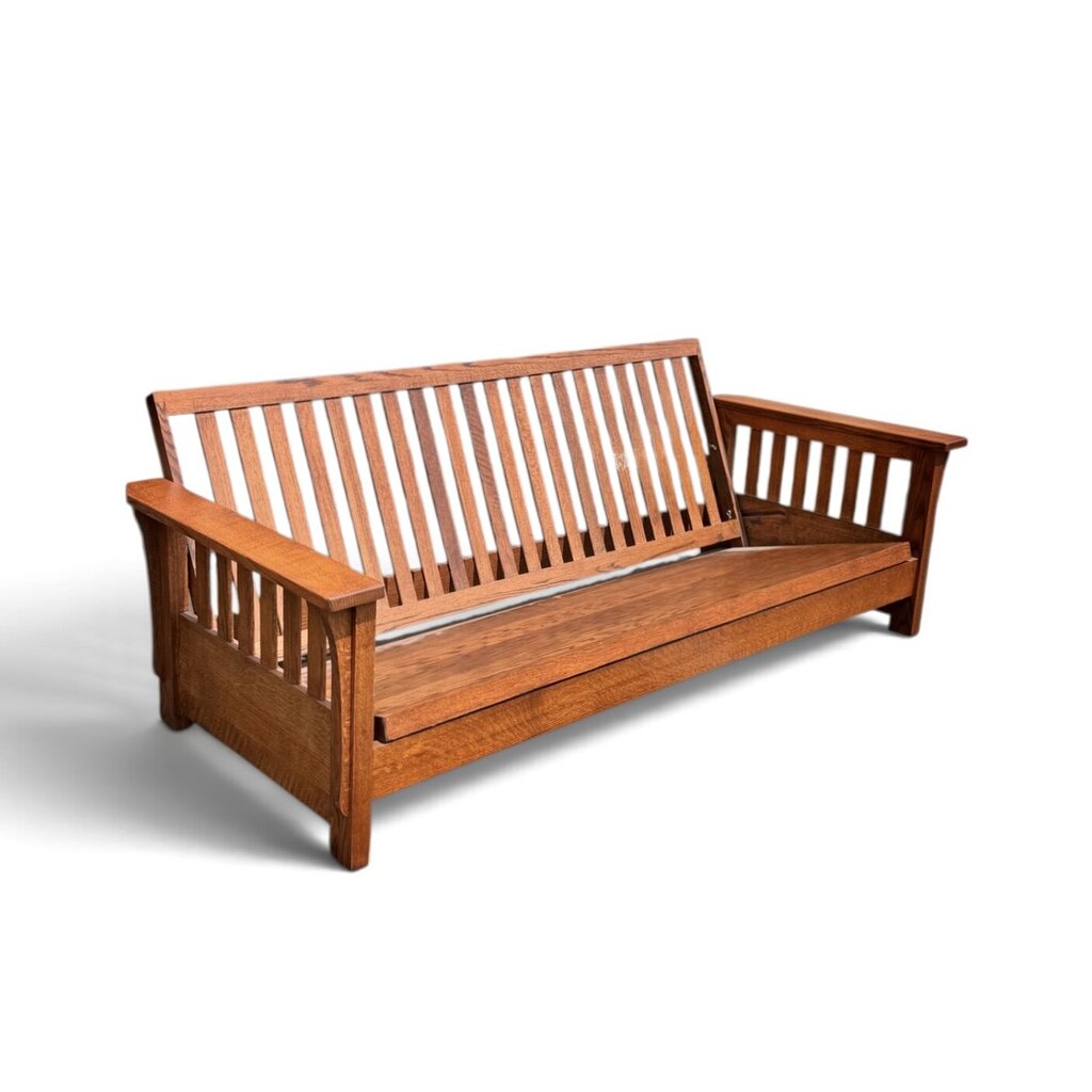 Red Oak Futon with Two Bed Cushions and Matching Pillows