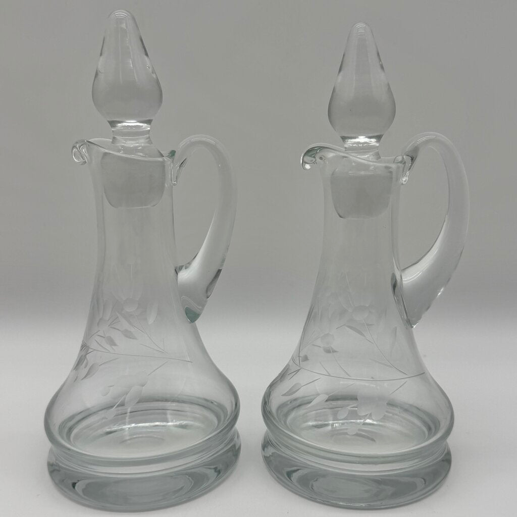 Vintage Hand Blown Oil & Vinegar Cruets w/Stoppers Floral Etched 9” Made in Poland /cb