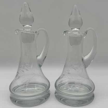 Vintage Hand Blown Oil & Vinegar Cruets w/Stoppers Floral Etched 9” Made in Poland /cb