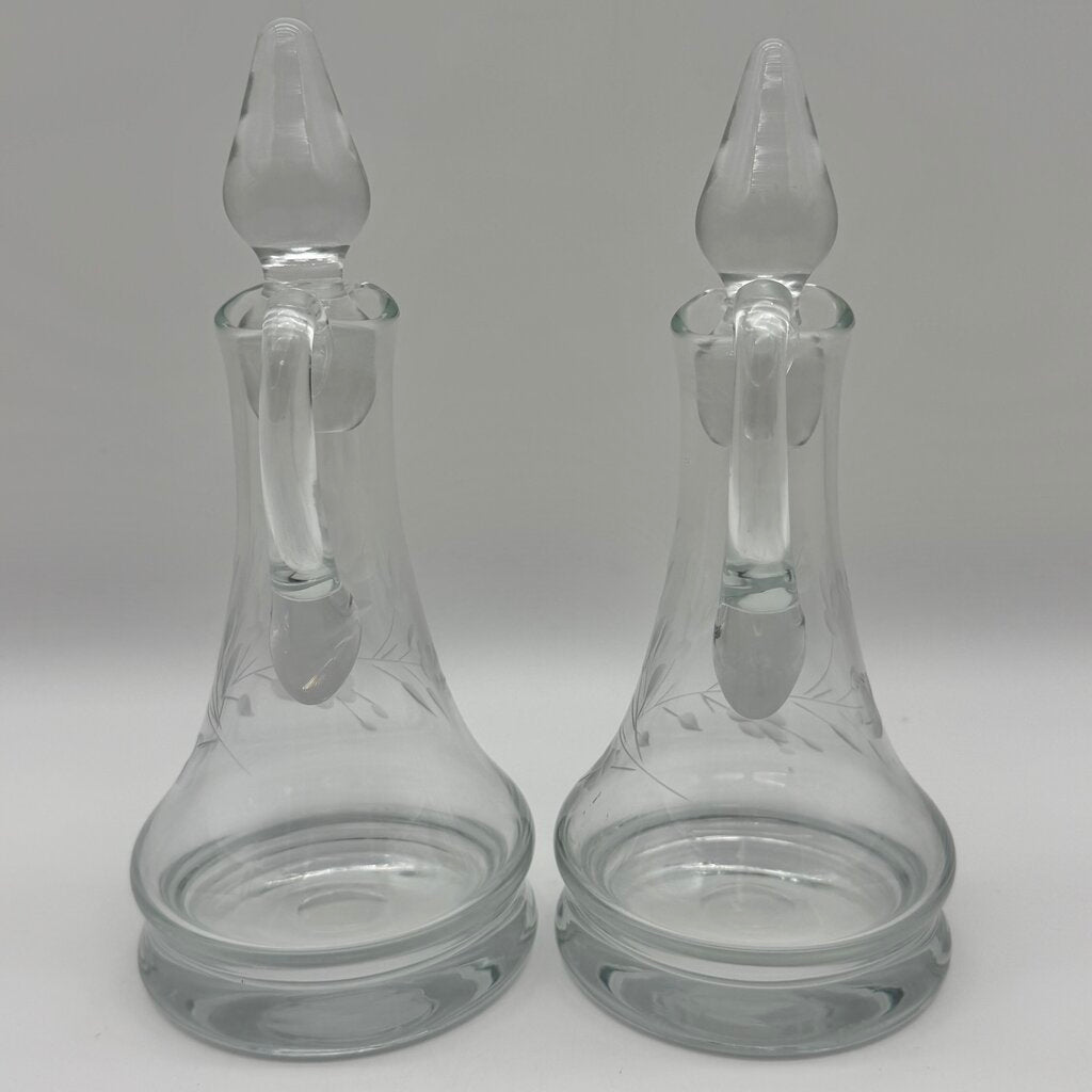 Vintage Hand Blown Oil & Vinegar Cruets w/Stoppers Floral Etched 9” Made in Poland /cb