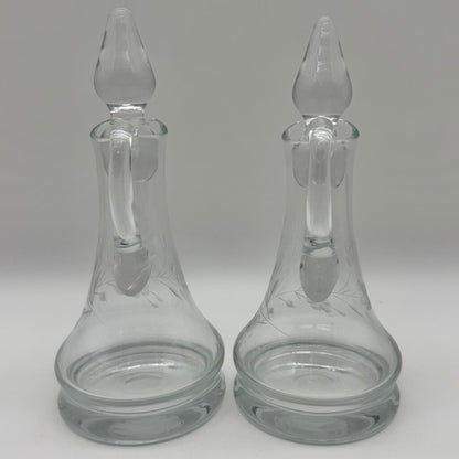 Vintage Hand Blown Oil & Vinegar Cruets w/Stoppers Floral Etched 9” Made in Poland /cb