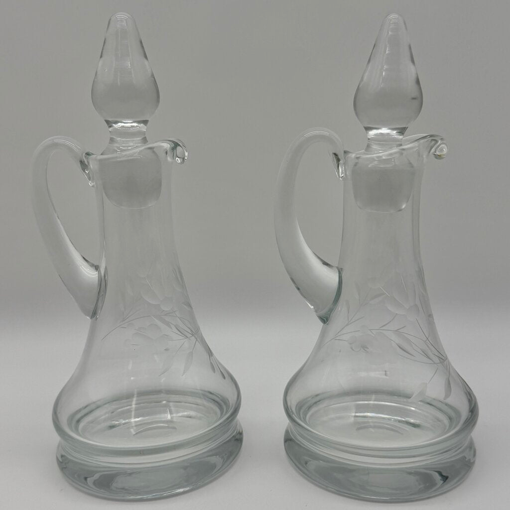 Vintage Hand Blown Oil & Vinegar Cruets w/Stoppers Floral Etched 9” Made in Poland /cb