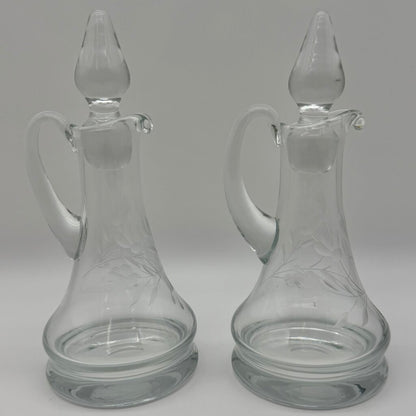 Vintage Hand Blown Oil & Vinegar Cruets w/Stoppers Floral Etched 9” Made in Poland /cb