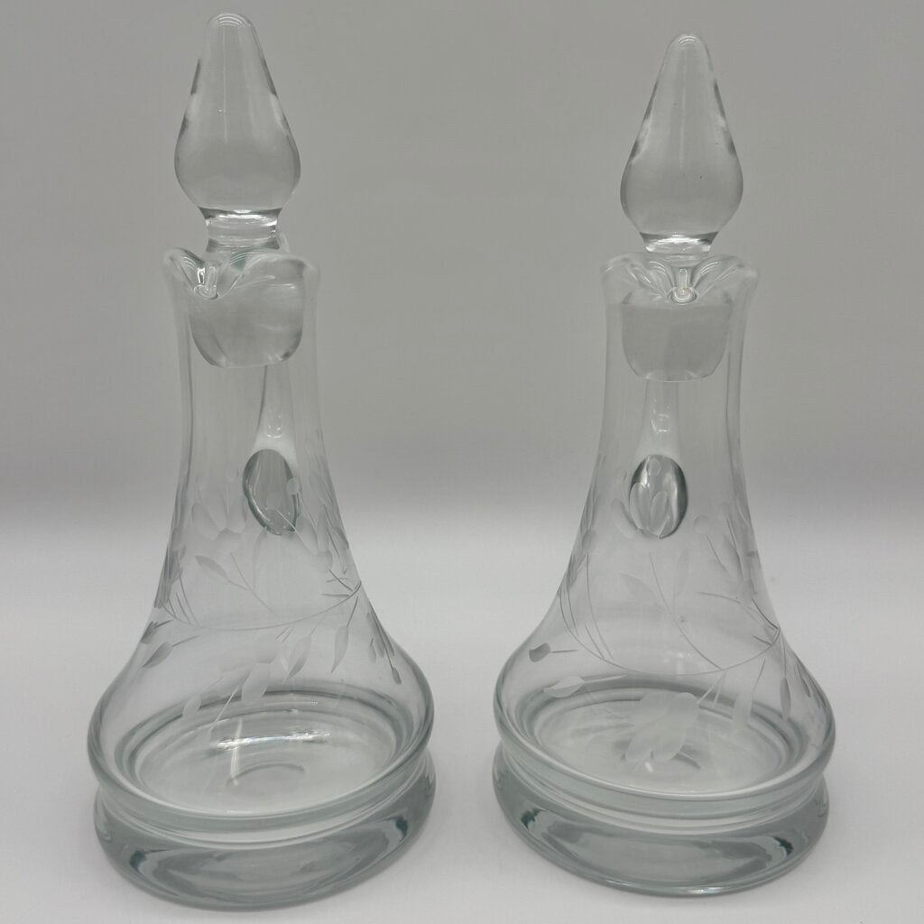 Vintage Hand Blown Oil & Vinegar Cruets w/Stoppers Floral Etched 9” Made in Poland /cb
