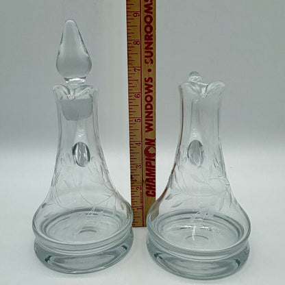 Vintage Hand Blown Oil & Vinegar Cruets w/Stoppers Floral Etched 9” Made in Poland /cb