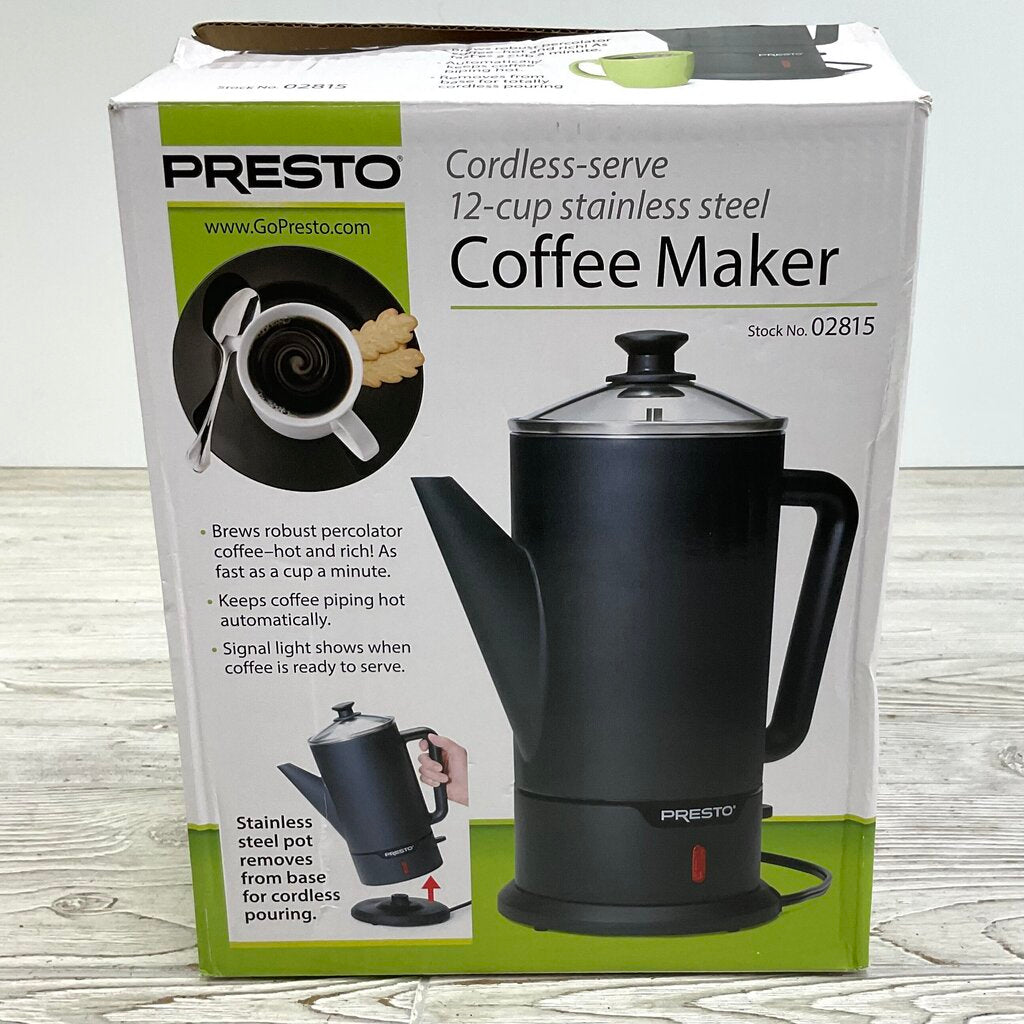 New In Box Presto Cordless-serve Stainless Steel Coffee Maker 12-cup
