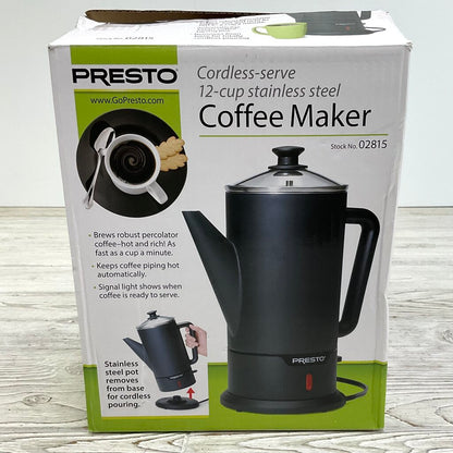 New In Box Presto Cordless-serve Stainless Steel Coffee Maker 12-cup