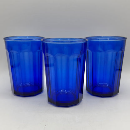 Set of 3 Vintage Luminarc 10 Panel Cobalt Blue Tumblers 5 3/8” Made In France /cb