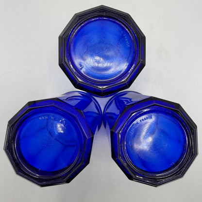 Set of 3 Vintage Luminarc 10 Panel Cobalt Blue Tumblers 5 3/8” Made In France /cb
