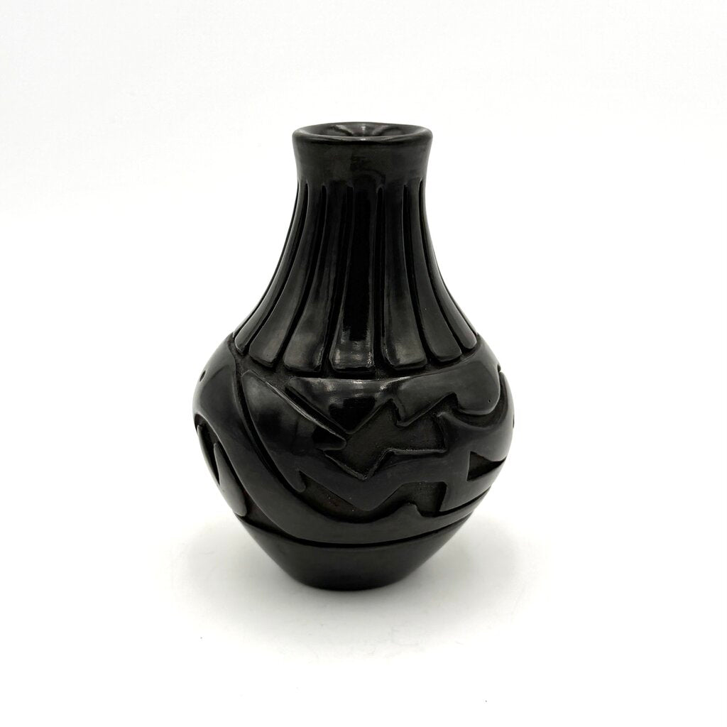 Stella Chavarria Water Jar with Carved Avanyu and 15 Carved Feathers
