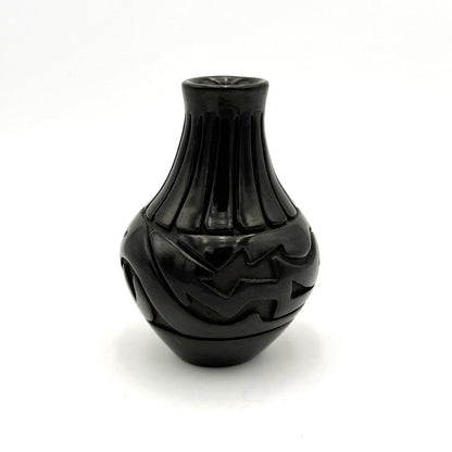 Stella Chavarria Water Jar with Carved Avanyu and 15 Carved Feathers