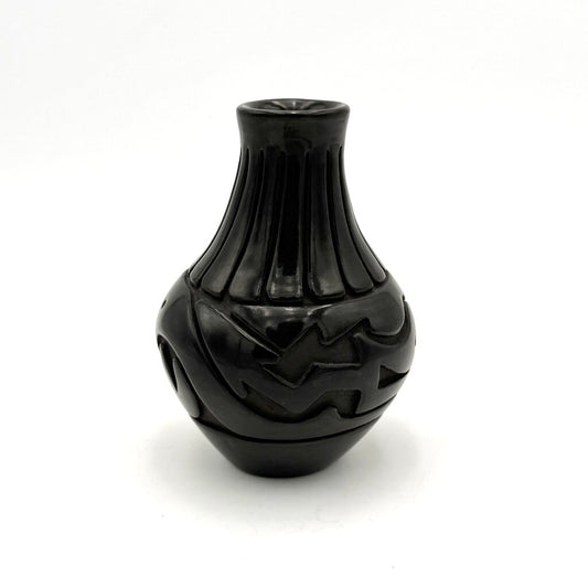 Stella Chavarria Water Jar with Carved Avanyu and 15 Carved Feathers