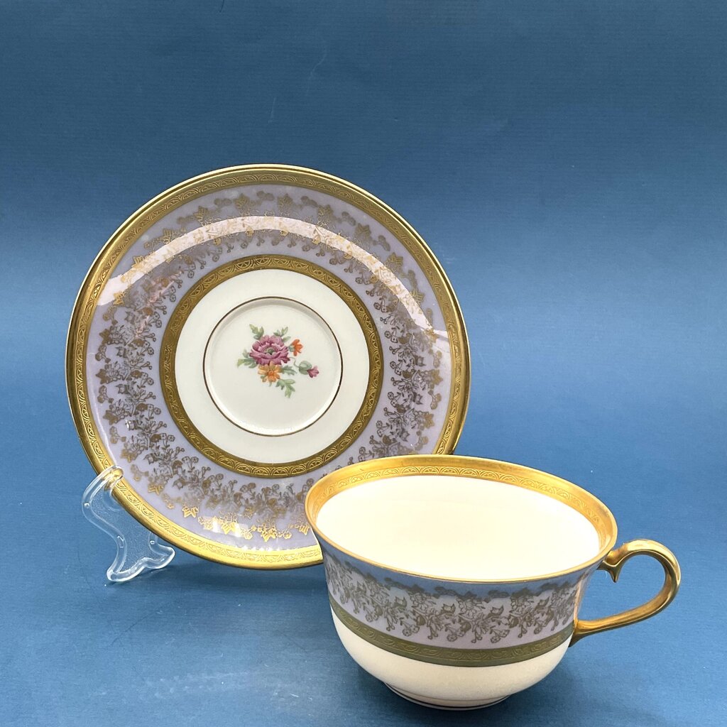 Intricate Antique Wheeling Decorating Company Floral and Gold Gilt Glass China Teacup and Saucer /f