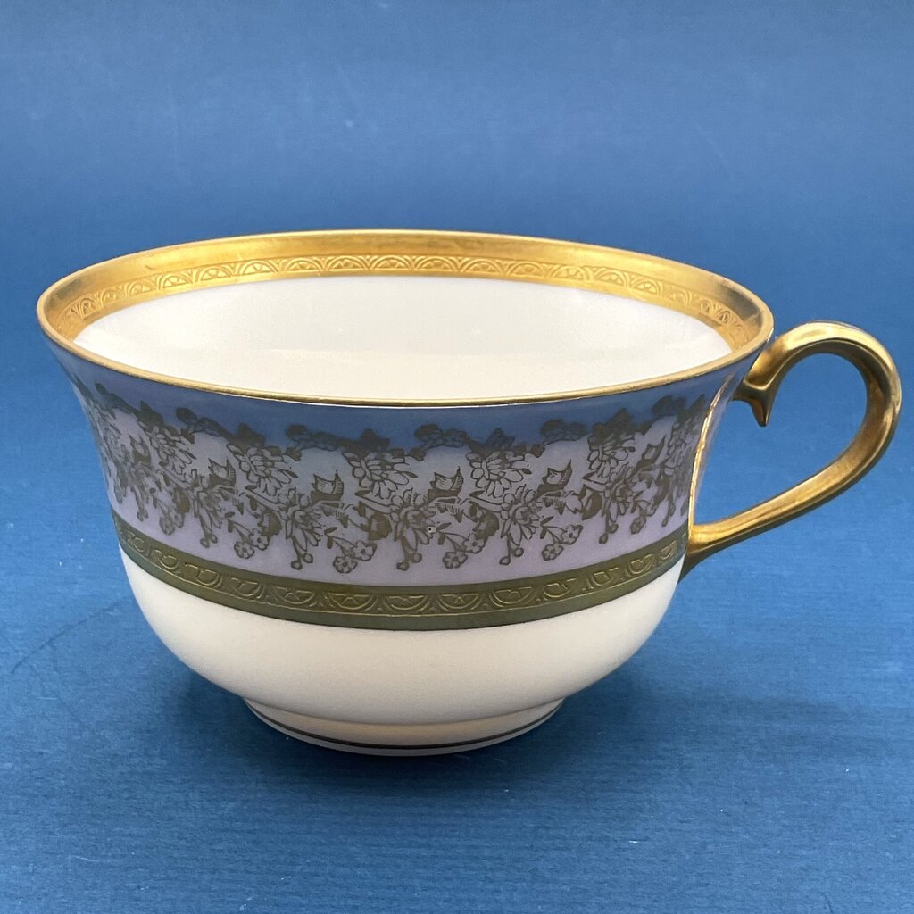 Intricate Antique Wheeling Decorating Company Floral and Gold Gilt Glass China Teacup and Saucer /f