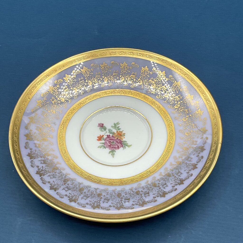 Intricate Antique Wheeling Decorating Company Floral and Gold Gilt Glass China Teacup and Saucer /f