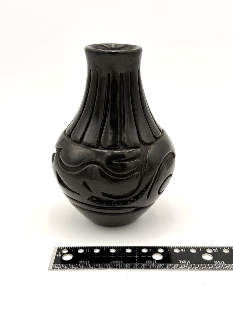 Stella Chavarria Water Jar with Carved Avanyu and 15 Carved Feathers