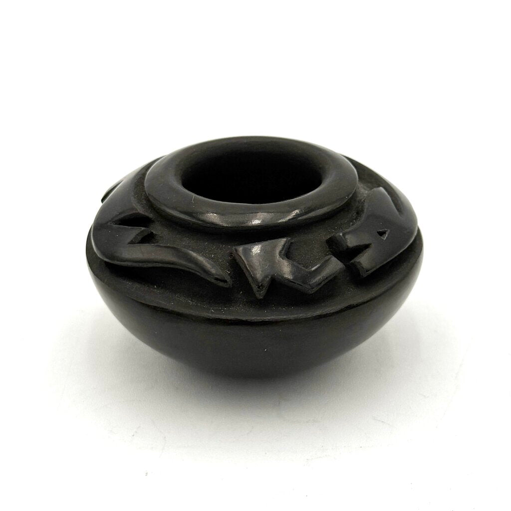 Signed Traditional Santa Clara Carved Avanyu Blackware Pot