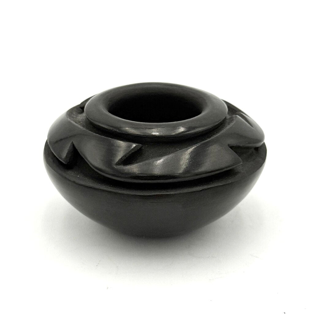 Signed Traditional Santa Clara Carved Avanyu Blackware Pot