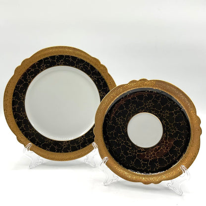 JLMenau Graf Von Henneberg East Germany Black and Gold Porcelain Saucer & Dessert Plate /f