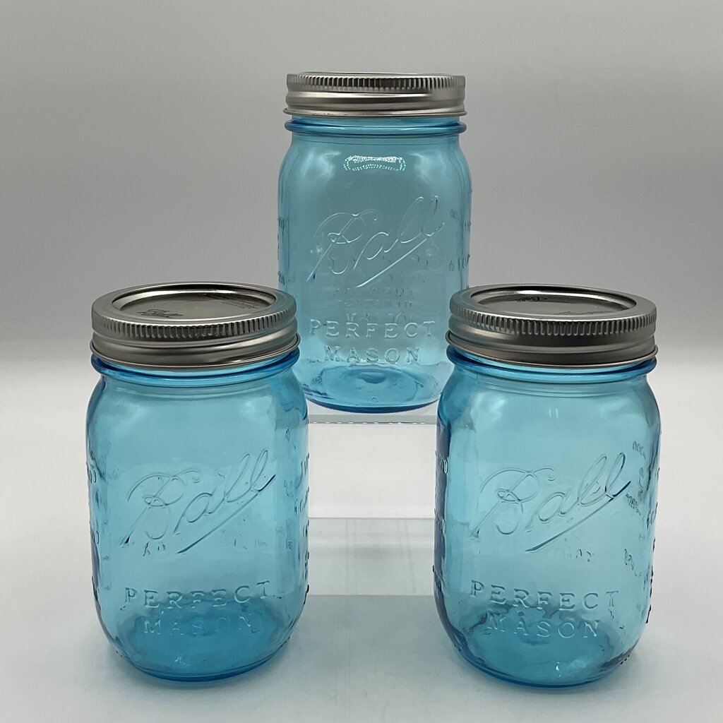 Set of 3 Vintage Style Ball Blue Mason Jars 100 Year Anniversary with Lids /f