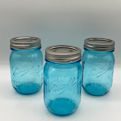Set of 3 Vintage Style Ball Blue Mason Jars 100 Year Anniversary with Lids /f