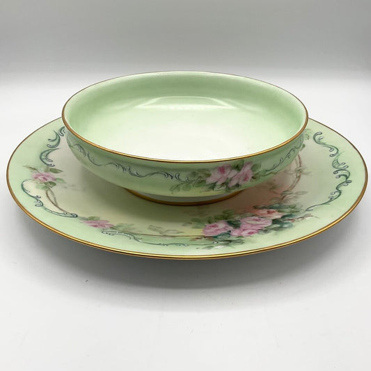 Antique Limoges France Pastel Green Porcelain Bowl and Charger with Hand Painted Pink Roses /f