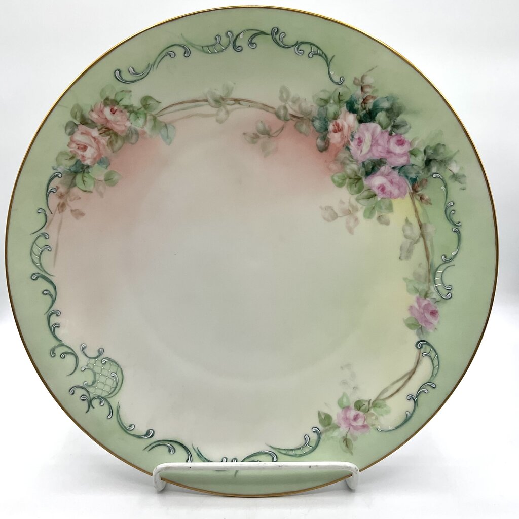 Antique Limoges France Pastel Green Porcelain Bowl and Charger with Hand Painted Pink Roses /f