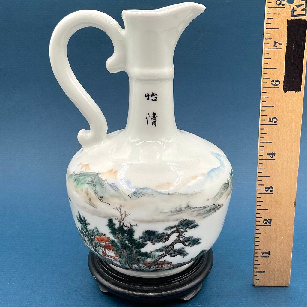 Hand Painted Asian Ewer with Wooden Stand and Original Box /f