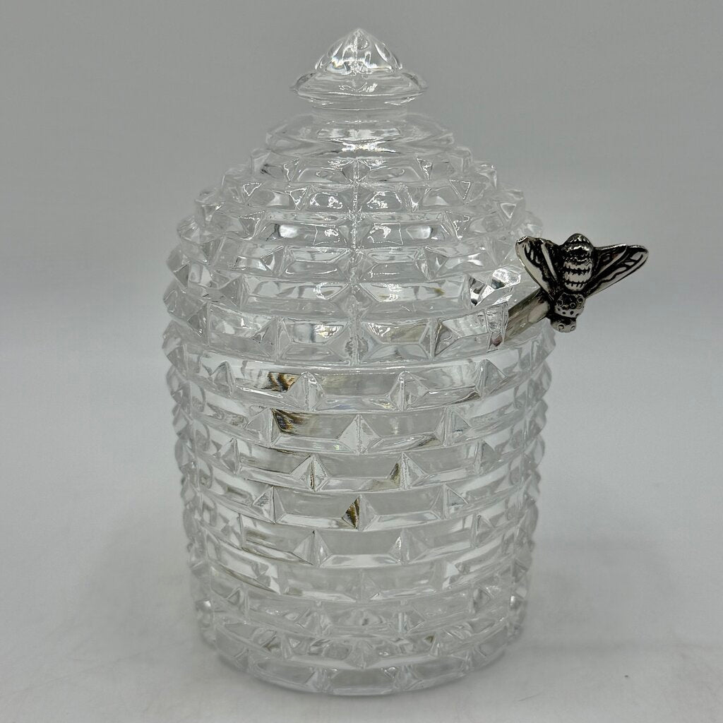 Vintage Godinger Crystal Bee Hive Honey Jar w/Silverplate Honey Bee Drizzler 5 Inches /cb