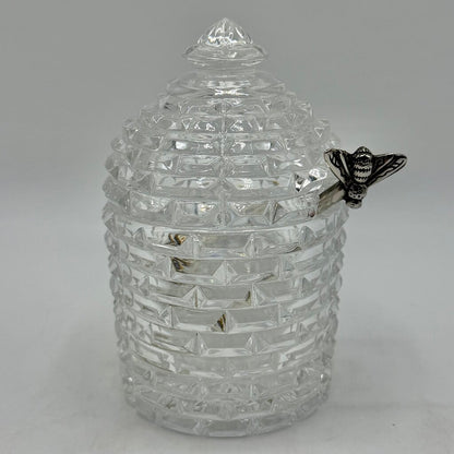 Vintage Godinger Crystal Bee Hive Honey Jar w/Silverplate Honey Bee Drizzler 5 Inches /cb