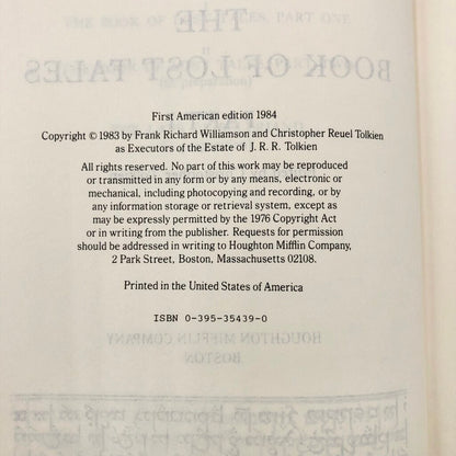 J.R.R. Tolkien Book of Lost Tales Part One Hardcover/ 1st American Edition. 1984 /b