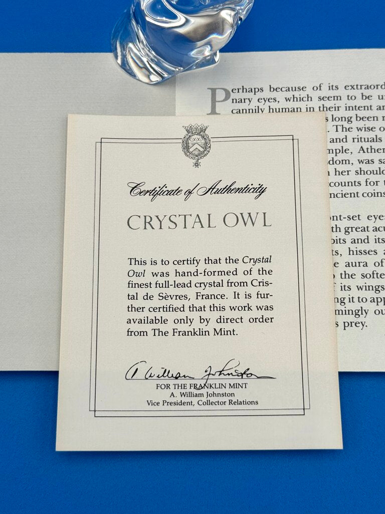 VTG Cristal De Sevres Crystal Owl w/ Certificate By Franklin Mint