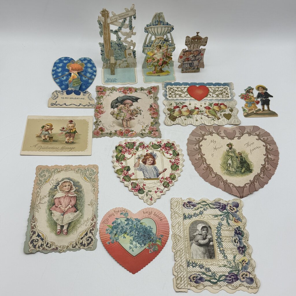 Lot of 13 Antique Valentine’s Day Cards Embossed Die Cut Pop Up /cb