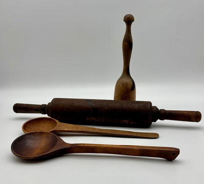 Vtg. Wooden Rolling Pin, Masher, & 2 Spoons /j