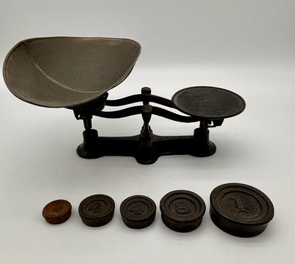 Antique Cast Iron Countertop Balance Scale & Weights /j
