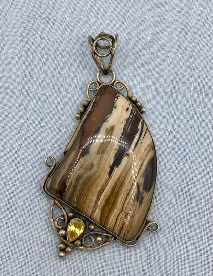 Artisan Made Polished Pertrified Wood & Sterling Silver Pendant /b