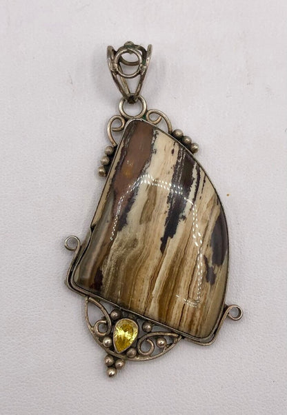 Artisan Made Polished Pertrified Wood & Sterling Silver Pendant /b