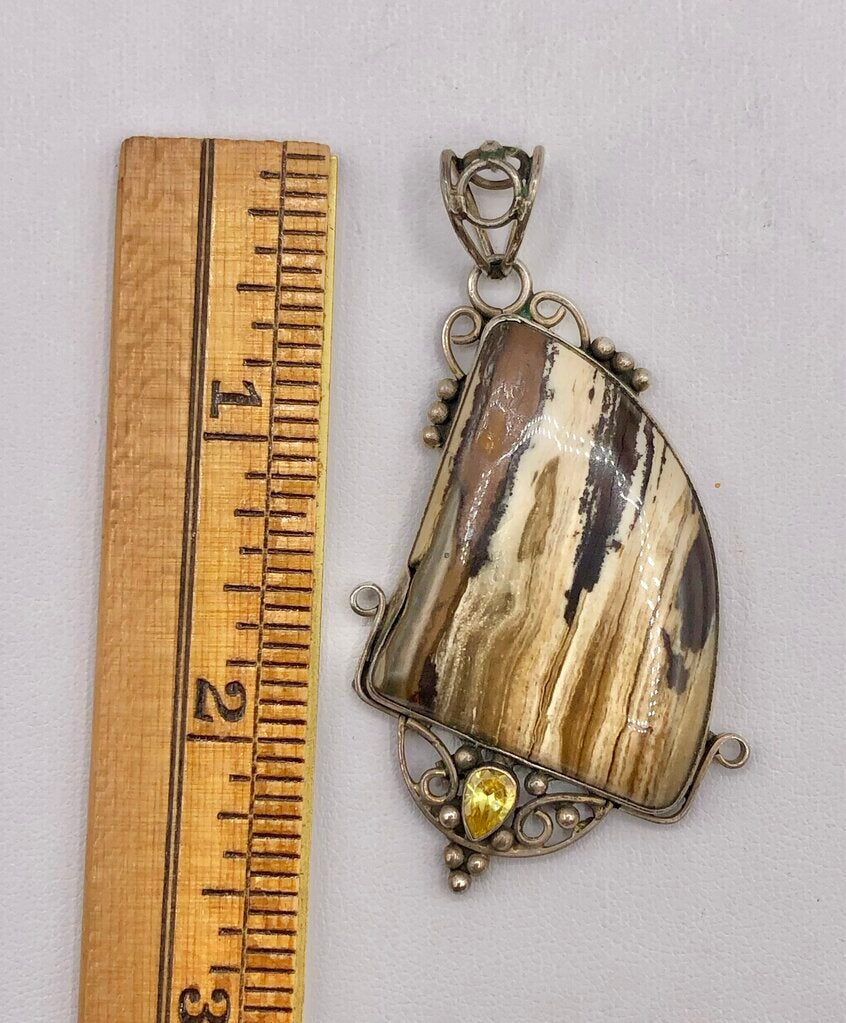Artisan Made Polished Pertrified Wood & Sterling Silver Pendant /b