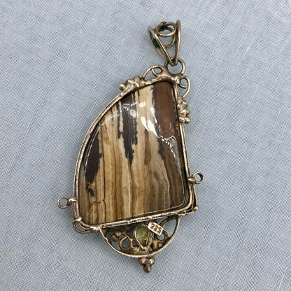 Artisan Made Polished Pertrified Wood & Sterling Silver Pendant /b