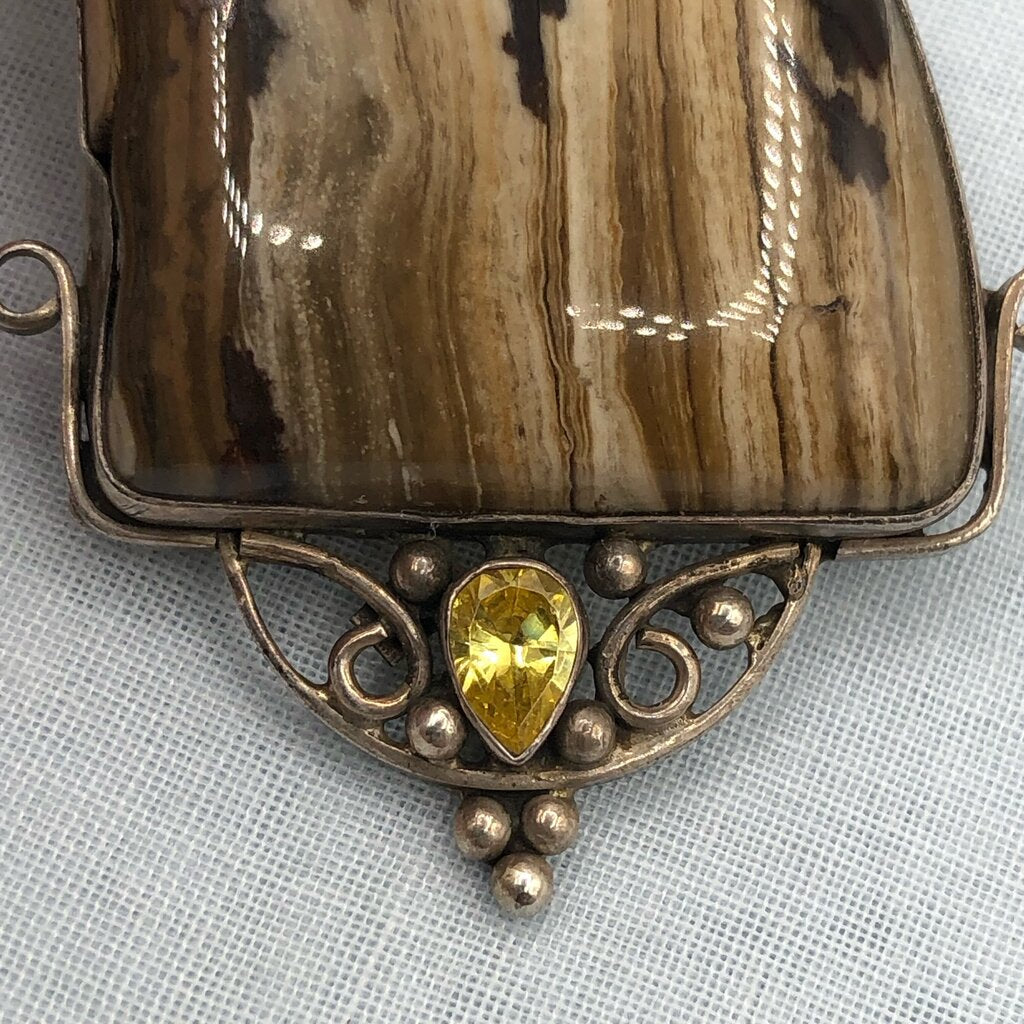 Artisan Made Polished Pertrified Wood & Sterling Silver Pendant /b